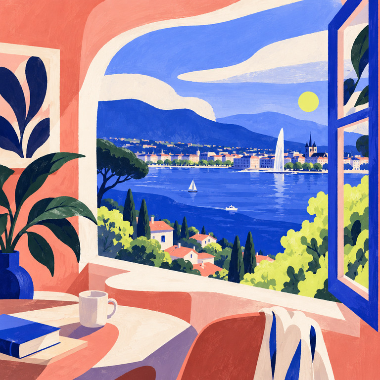 Illustration : le lac et le jet d’eau de Genève vus d’une fenêtre ouverte, côté France